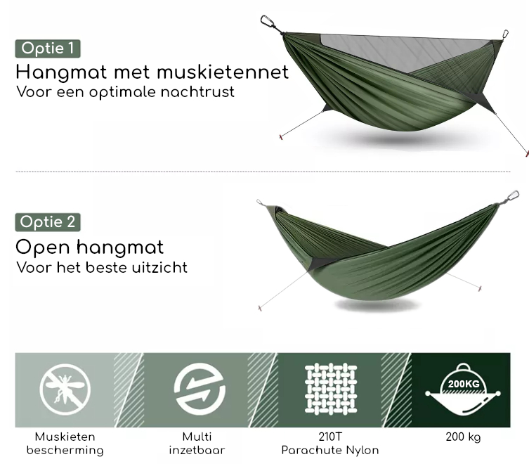 PURE HANG Premium Campinghangmat Outdoor voor 2 personen van nylon parachutezijde voor reizen, tuin met ophangset | 300 kg belasting ( donkergroen
