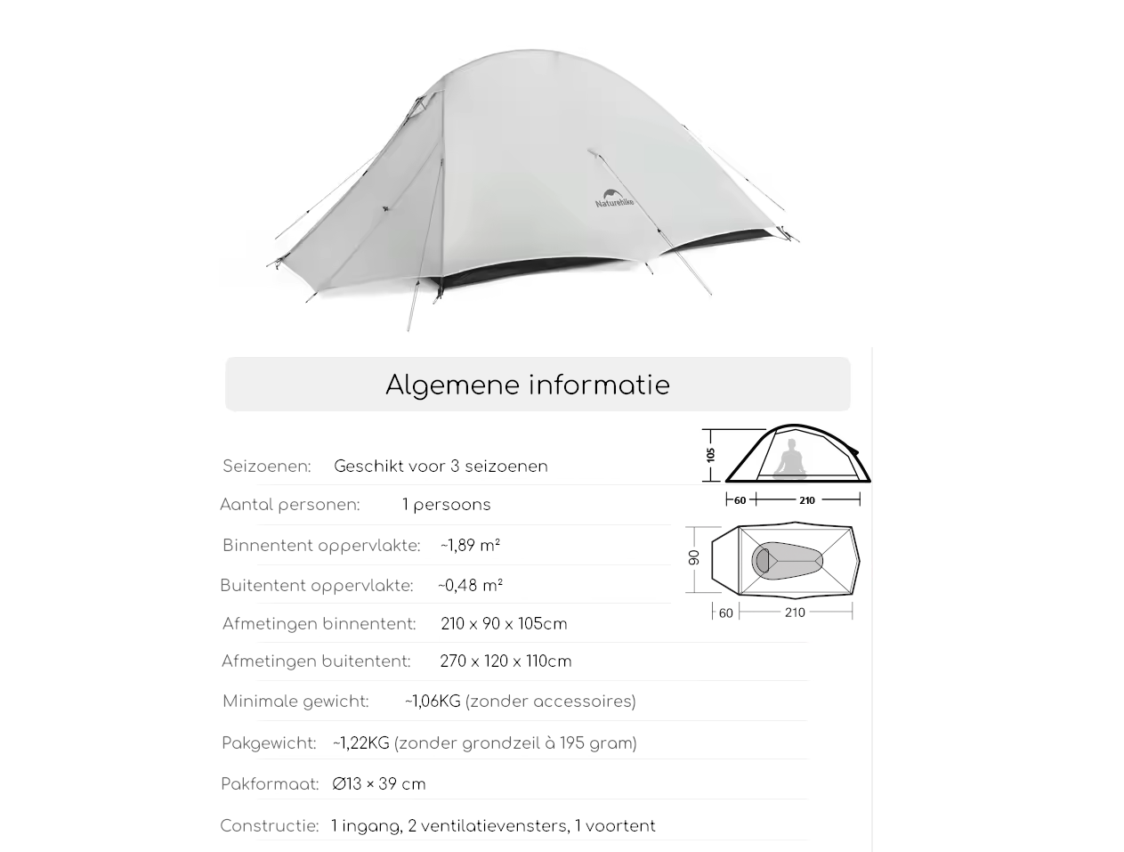 Naturehike® Cloud Up 1 UltraLight – 1 persoons tent – Ultra Lichtgewicht tent - Afbeelding 3