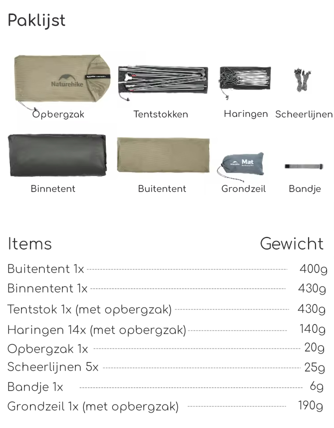 Naturehike® Cloud Up 1 PRO - 1 persoons tent - Ultra Lichtgewicht tent - Afbeelding 7