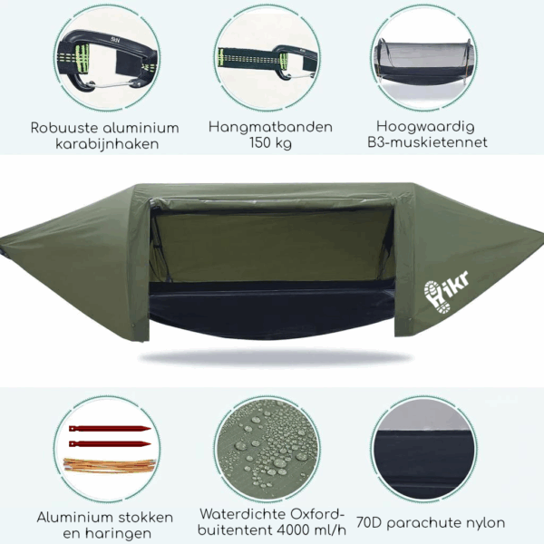 Hikr® Hangmat met Tent/Tarp en Muggennet - 1 persoons - Afbeelding 3