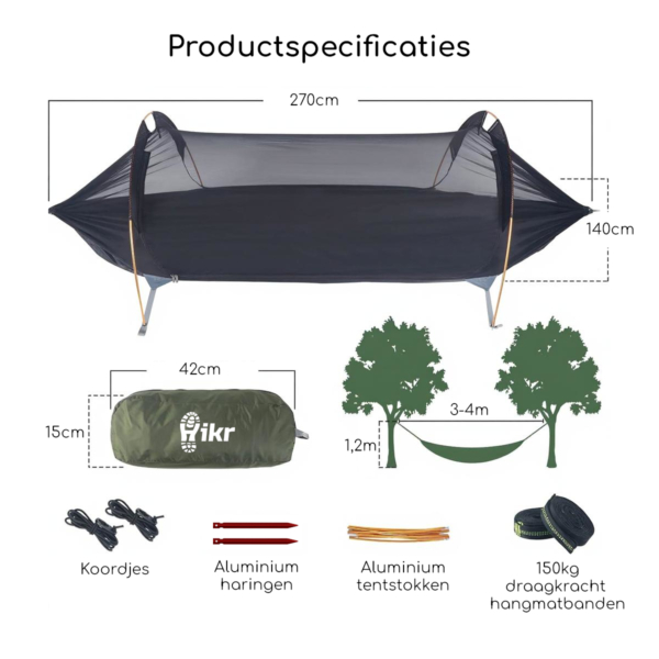 Hikr® Hangmat met Tent/Tarp en Muggennet - 1 persoons - Afbeelding 4